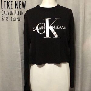 Like New Calvin Klein Cropped Boxy Fit Long Sleeve Tee-Sz XS-Black/Silver